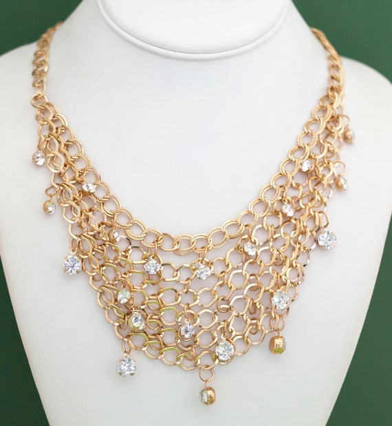 Vintage Art Nouveau Chain Net Rhinestones Bib Nec… - image 2