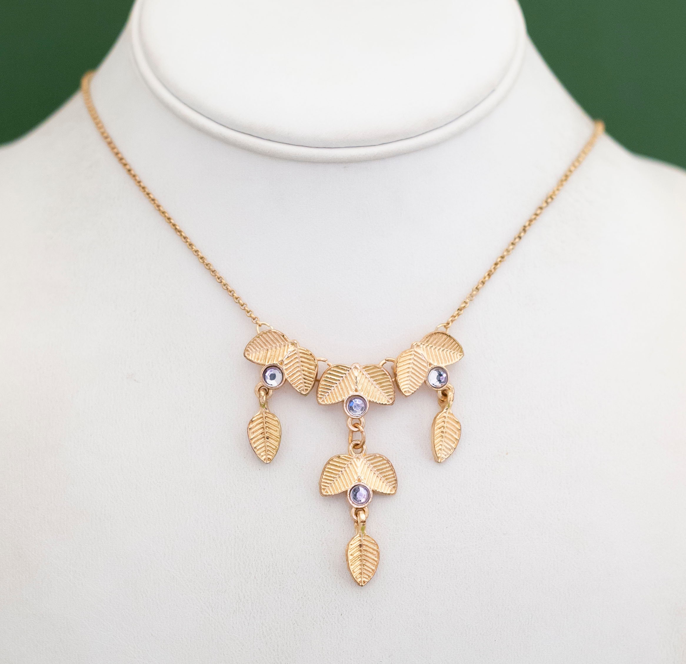Collier Réglable Feuilles Or Et Argent Avec Cristaux Strass - Bijou Vintage 221, Style Romantique Et Patiné