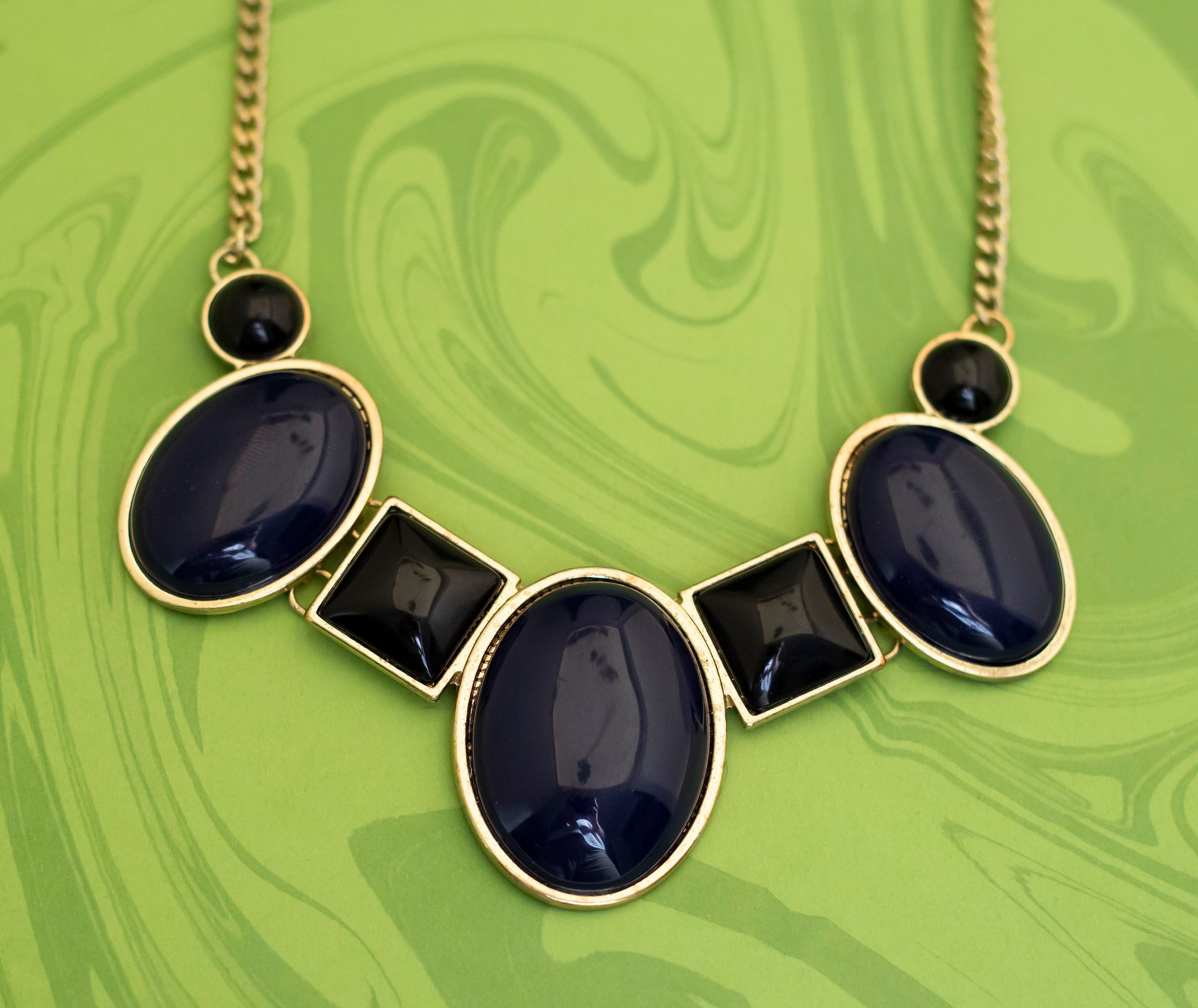Vintage Intricate Art Deco Geometric Stones Bib Necklace 20 inch - W11