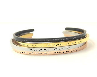 Morse Code Engraved Cuff Bracelet Stainless Steel in Silver, Rose Gold, Gold or Black. Personalised Gift Jewellery