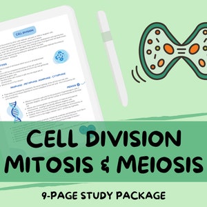 Puede incluir: Una ilustración verde y blanca de una célula que se divide, con el texto "CELL DIVISION MITOSIS & MEIOSIS 9-PAGE STUDY PACKAGE" debajo.