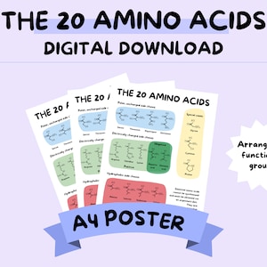 Peut inclure: Un téléchargement numérique d'une affiche imprimable A4 présentant les 20 acides aminés, classés par groupe fonctionnel. L'affiche est illustrée de diagrammes colorés des structures des acides aminés et de leurs chaînes latérales.