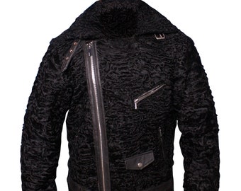 Handmade Men’s Black 100% Real Persian Lamb Fur Inside Polyester jacket Coat B3 swakara karakuli