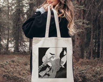 Vintage Book Illustration Tote Book Bag - Gothic Art Tote - Dark Light Academia Tote Bag - Classic Art Book Tote - Bookish Grocery Tote Bag