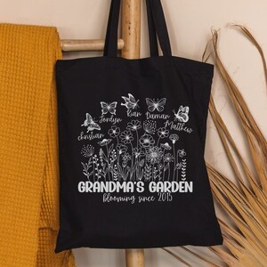 Custom grandma&#39;s garden tote bag, Personalized gift for grandma, Butterfly bag with grandkids name on it, Unique birthday gift for grandma
