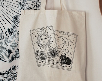 Sun and Moon Tarot Card Canvas Tote Bag, Celestial Tote Bag, Witchy Tote Bag, Mystical tote bag, Occult tote bag, Wiccan tote bag