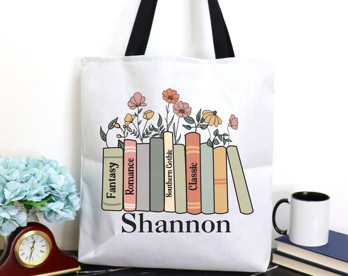Personalized bookish tote bag, Custom book lover gift, Library bag, Literary tote bag, Custom name tote, Floral reading bag, Book worm bag
