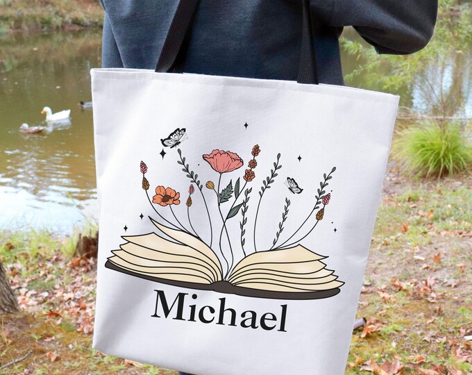 Personalized bookish tote bag, Custom book lover gift, Library bag, Literary tote bag, Custom name tote, Floral reading bag, Book worm bag