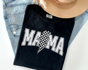 Retro mama lightning bolt shirt, Trendy oversized clothing, Mother's Day shirt, Mother's Day gifts, Checkered mom tee, Cute mom t-shirt