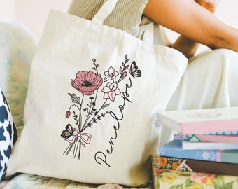 Custom birth flower canvas tote, Personalized Birth month flower, Custom name bag, Personalized bag, Best friend gift, Daily shoulder bag