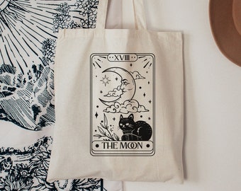 The moon tarot card tote bag, Cat tote bag, Celestial tote bag, Witchy tote bag, Tote bag spiritual