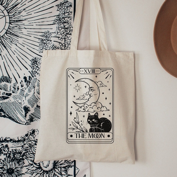The moon tarot card tote bag, Cat tote bag, Celestial tote bag, Witchy tote bag, Tote bag spiritual