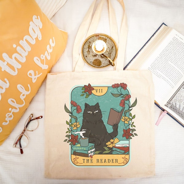 The reader tarot card canvas tote bag, Black cat tarot card tote bag, Bookish tote bag, Cottage core tote bag, Literary tote bag, Book lover