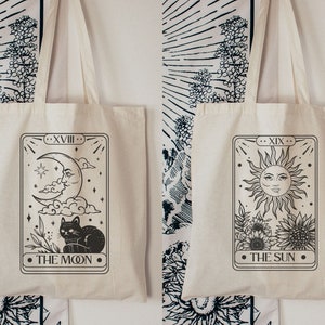 The Sun and Moon Tarot Card Tote Bag, Black Cat Tote Bag, Celestial ...