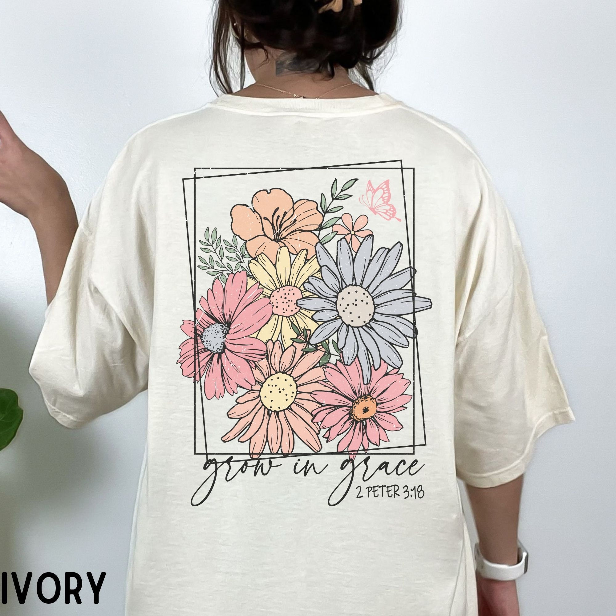 Grow in grace shirt, Boho wildflower Christian t-shirt, Floral Christianity tees, Religious gifts, Bible verse shirt, Faith based gifts