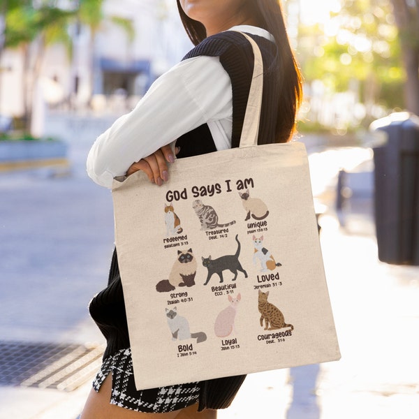 Cat owner tote bag, God says I am, Cat lover gift, Christian tote, Cool canvas tote bag aesthetic, Farmers Market bag, Reusable shopping bag