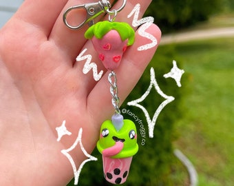 Handmade Boba Froggy Keychain with Strawberry | Figurine | Frog | Kawaii | Gift | Polymer Clay | Charm | Keychain | Collectable