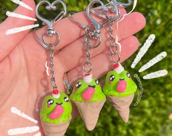 Handmade Ice Cream Froggy with Heart Clasp Keychain  | Figurine | Frog | Kawaii | Gift | Polymer Clay | Charm | Keychain | Collectable
