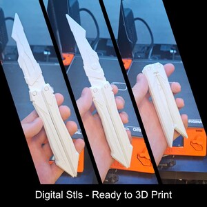 May include: A white 3D printed butterfly knife toy shown in three stages of deployment, from fully closed to partially open and fully extended. The object features geometric, angular handle and blade designs. Text reads: Digital Stls - Ready to 3D Print.