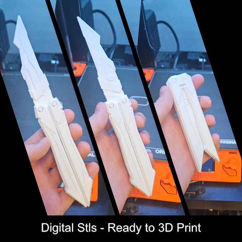 May include: A white 3D printed butterfly knife toy shown in three stages of deployment, from fully closed to partially open and fully extended. The object features geometric, angular handle and blade designs. Text reads: Digital Stls - Ready to 3D Print.