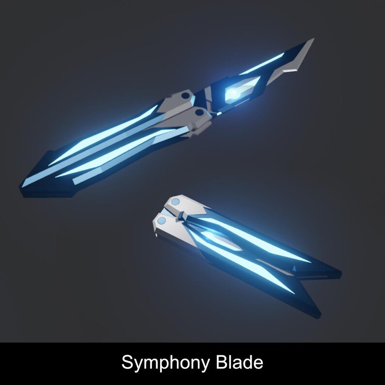 May include: A Symphony Blade butterfly knife featuring a dark grey and silver handle with glowing light blue accents. The blade is partially extended, showing a sharp edge and a geometric design. The text Symphony Blade is printed below.