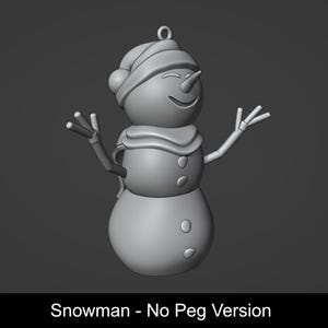 Puede incluir: Un adorno de mu&ntilde;eco de nieve en renderizado 3D gris monocrom&aacute;tico con nariz en forma de zanahoria, bufanda, sombrero y brazos levantados. El mu&ntilde;eco tiene tres botones circulares en el torso y un lazo superior. Texto: Snowman - No Peg Version.