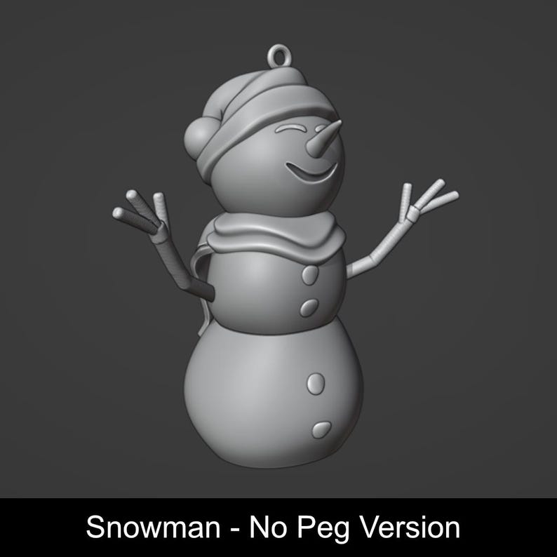Puede incluir: Un adorno de mu&ntilde;eco de nieve en renderizado 3D gris monocrom&aacute;tico con nariz en forma de zanahoria, bufanda, sombrero y brazos levantados. El mu&ntilde;eco tiene tres botones circulares en el torso y un lazo superior. Texto: Snowman - No Peg Version.