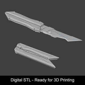 May include: A gray digital 3D model of a butterfly knife shown in two states: one fully extended with a sharp blade and one folded shut. The design features geometric paneling and mechanical details. The text reads: Digital STL - Ready for 3D Printing.
