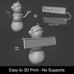 Puede incluir: Un modelo 3D gris de un adorno de mu&ntilde;eco de nieve con gorro y bufanda, que incluye un letrero rectangular separado con el texto Merry Christmas!!! que se fija a las manos. La parte posterior del letrero muestra un orificio. Easy to 3D Print - No Supports.