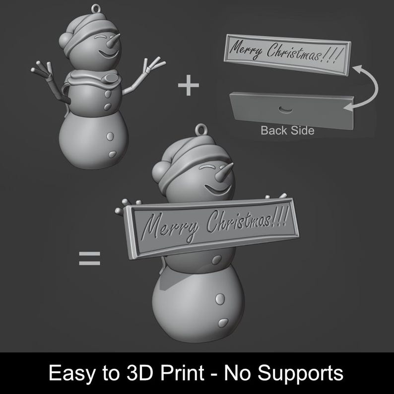 Puede incluir: Un modelo 3D gris de un adorno de mu&ntilde;eco de nieve con gorro y bufanda, que incluye un letrero rectangular separado con el texto Merry Christmas!!! que se fija a las manos. La parte posterior del letrero muestra un orificio. Easy to 3D Print - No Supports.