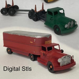 May include: Three miniature toy trucks, including a red semi-truck with a trailer, a green logging truck with a trailer, and a yellow truck. The text "Digital Stls" and "Digital STLs - Ready To 3D Print" is visible at the bottom of the image.