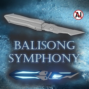 May include: A graphic display featuring two stylized balisong knives. The top knife is silver with geometric detailing. The bottom knife is silver with glowing blue accents. The text BALISONG SYMPHONY is centered between the two knives.
