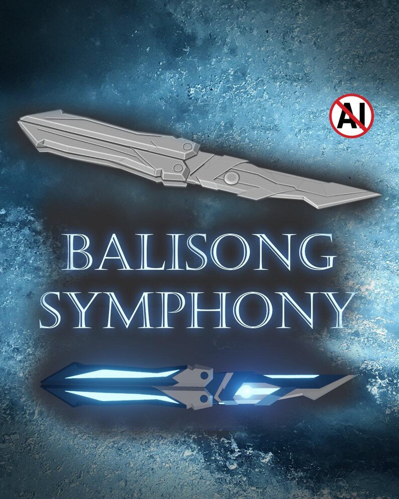 May include: A graphic display featuring two stylized balisong knives. The top knife is silver with geometric detailing. The bottom knife is silver with glowing blue accents. The text BALISONG SYMPHONY is centered between the two knives.