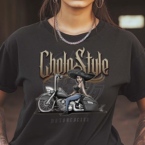 Biker t-shirt: Cholo style motorcycle design