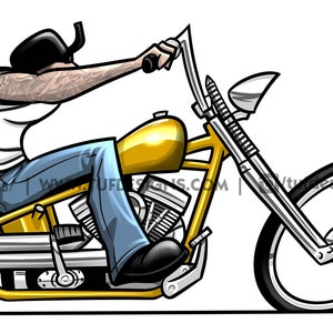 Drawing of a biker riding a yellow chopper, motorcycle, bike rider cartoon illustration, outlaw character artwork