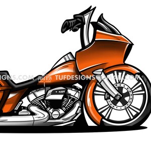 May include: An orange motorcycle illustration with black accents. The motorcycle features a fairing, saddlebags, and a large front wheel. The image includes the text "TUFD esigns.com".