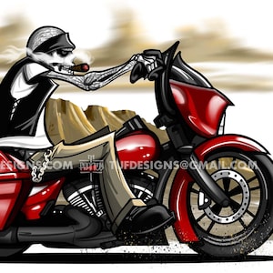 May include: Illustration of a skeleton biker riding a red motorcycle in a desert landscape. The biker is wearing a black vest and bandana, smoking a cigar. The motorcycle has a black seat and wheels. The background features a cactus and mountains.