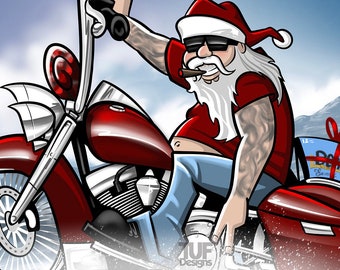 Santa Clause biker art bagger motorcycle cartoon character drawing Christmas clipart logo design