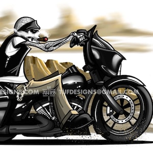 May include: Illustration of a skeleton biker riding a black motorcycle in a desert landscape. The biker is wearing a bandana, vest, and smoking a cigar. The background features a cactus, mountains, and the text "WWW.TUFDESSIGNS.COM".