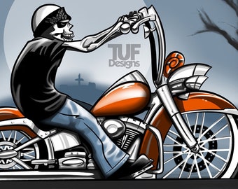 Halloween Artwork of Skeleton Riding Vicla Motorcycle by Spooky Graveyard Garage Art