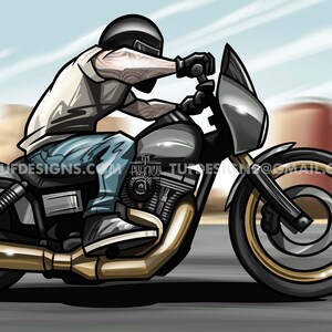 May include: Illustration of a motorcycle in motion. The bike is black and gray with gold accents on the exhaust and wheels. The rider is wearing a helmet, gloves, and jeans. The background shows a blurred cityscape and sky.