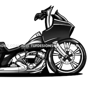 Motorcycle drawing, Harley Davidson, custom road glide, big wheel bagger, cartoon illustration, motorbike clip art, biker png logo design