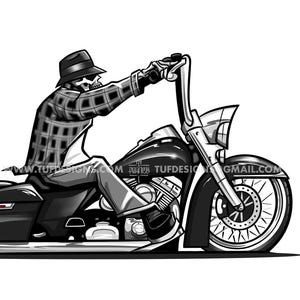 Bagger motorcycle drawing, skeleton biker, motorbike clip art, lowrider illustration, cholo style, bike rider logo, custom bagger