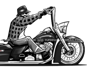 Bagger motorcycle drawing, skeleton biker, motorbike clip art, lowrider illustration, cholo style, bike rider logo, custom bagger