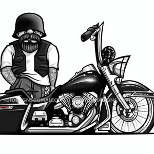 Rysunek motocyklisty, grafika motocyklowa, harley davidson bagger, ilustracja z kreskówki, logo motocyklisty, styl cholo, grafika motocyklowa, lowrider