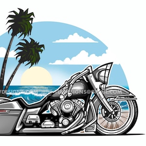 Bagger motorcycle drawing, harley davidson art, road king design, summertime illustration, cartoon artwork, lowrider graphics, logo design