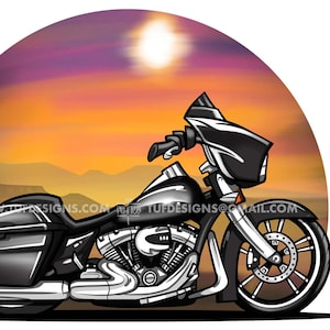 May include: Illustration of a black motorcycle with chrome accents, set against a sunset backdrop. The image features a stylized design of a cruiser-style bike with a fairing and saddlebags. The website address www.tufdesigns.com is visible.