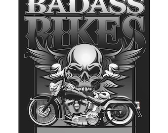 Badass Bikes tin sign, motorcycle design with skull and wings, man cave garage art