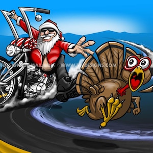 Projekt png Turkey Run, sztuka motocyklisty Świętego Mikołaja, rysunek z kreskówki motocyklowej, grafika choppera Harley Davidson, humor na Święto Dziękczynienia