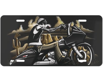 Motorcycle art, custom license plate, skeleton biker illustration, aluminum metal sign, garage art